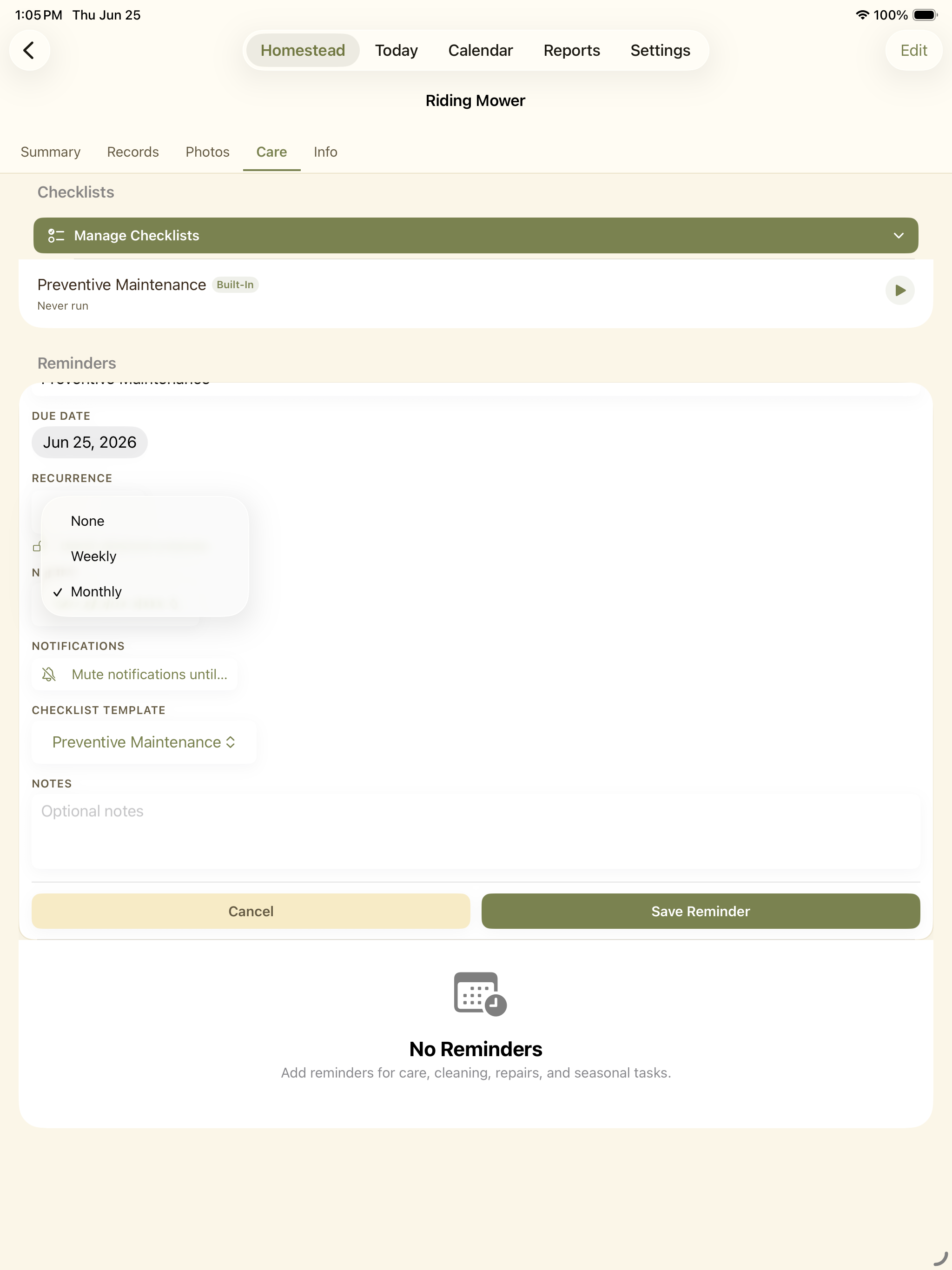 Reminder setup screen for equipment maintenance with repeat options.
